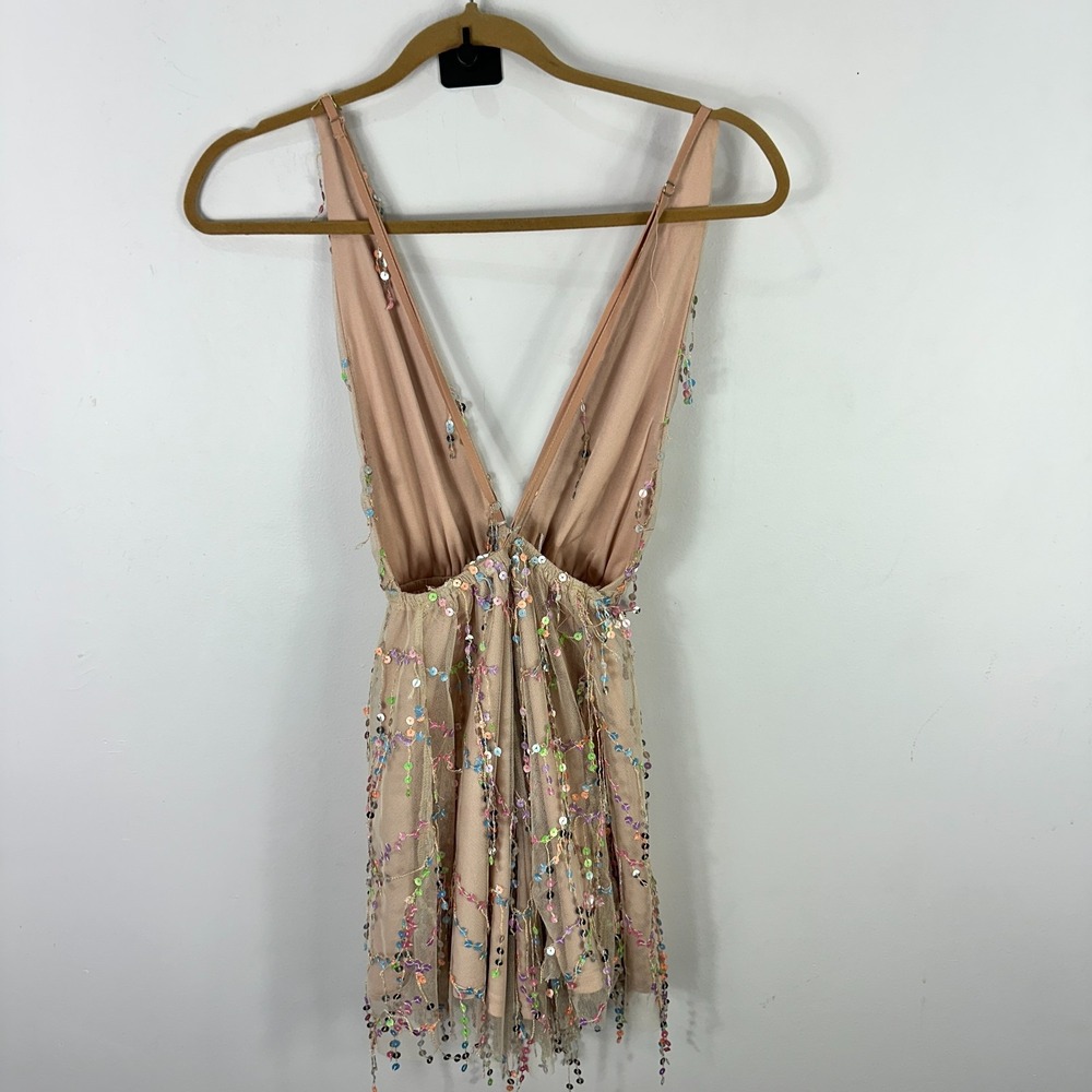 Selfie Leslie Sequin Mini Dress Women XS Nude Mesh Fairy Showgirl Glam Whimsical - Picture 3 of 8